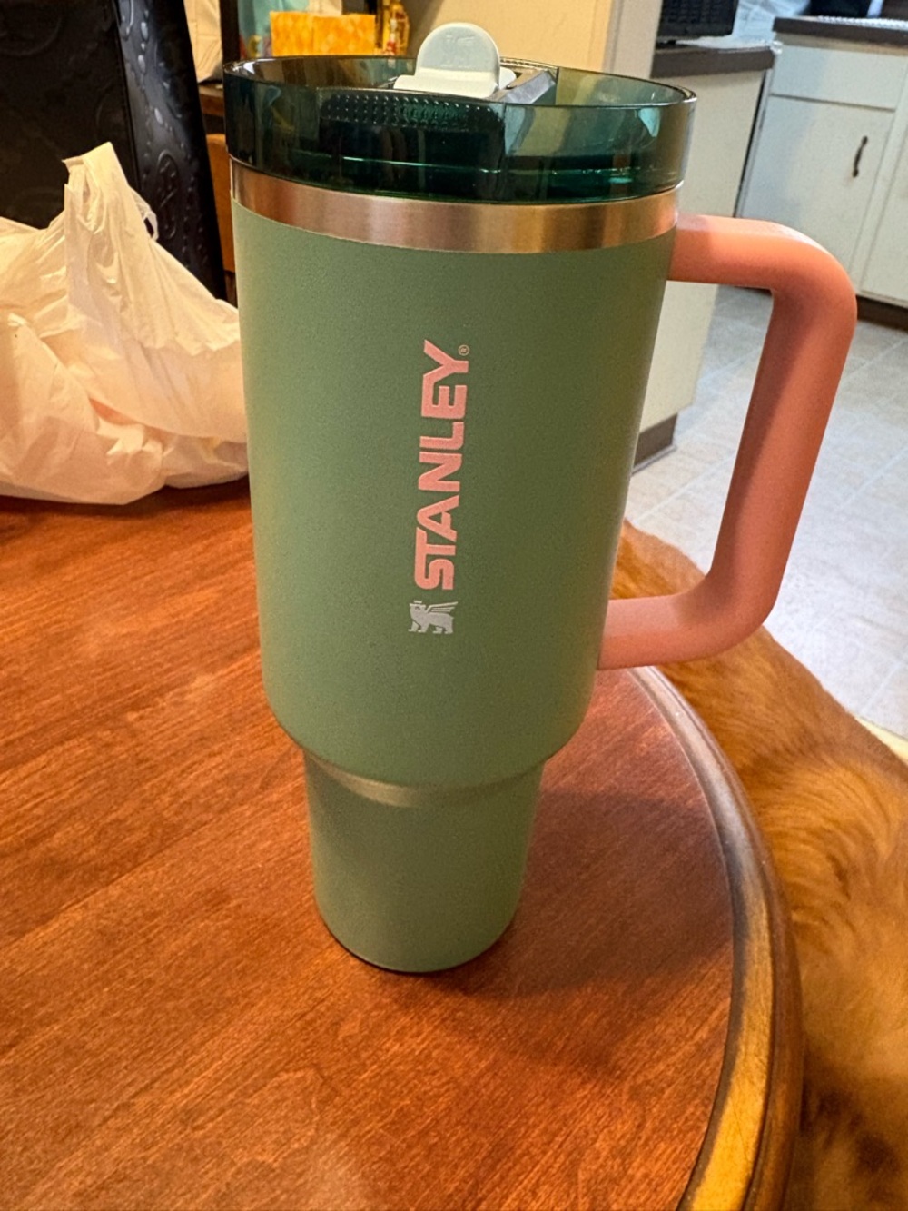 Stanley Sage Green Travel Mug with Pink Handle and Dark Green Lid